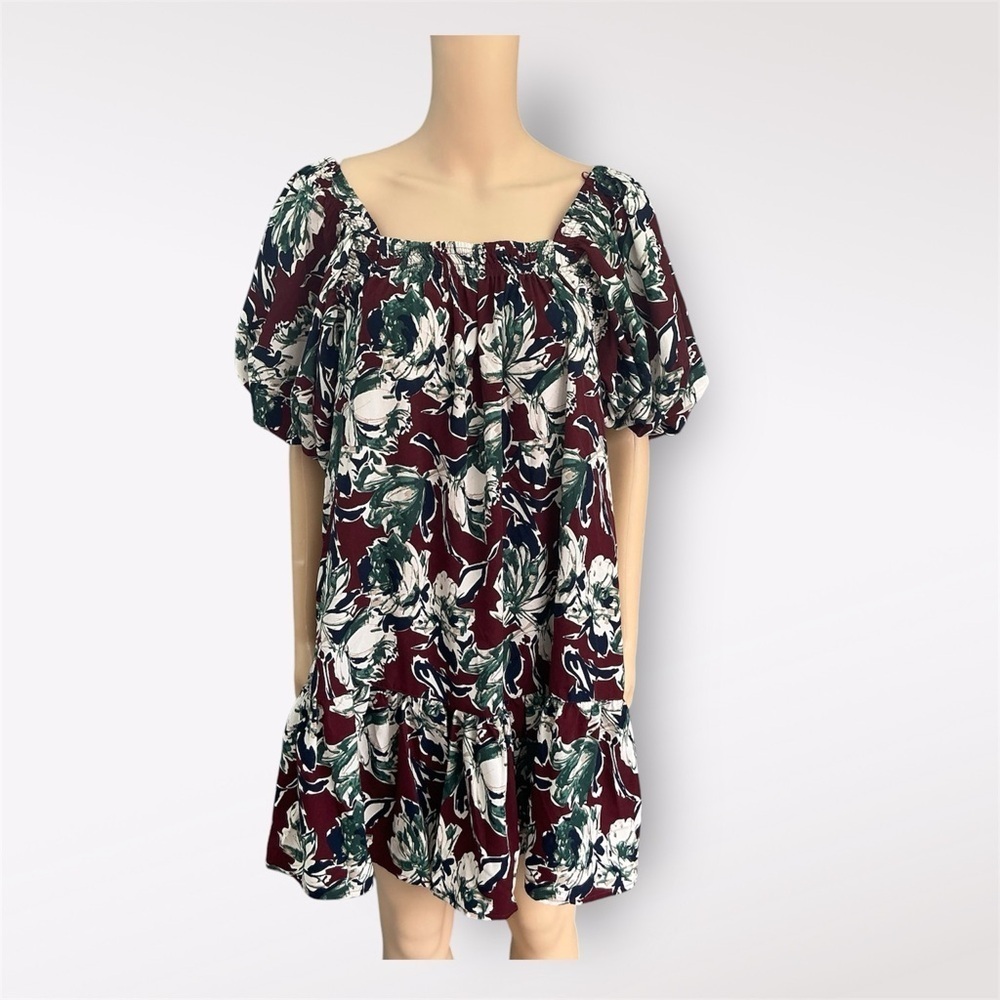 Eesome Burgundy and Green Floral Botanical Print MIDI Puff Sleeves SZSmall Dress